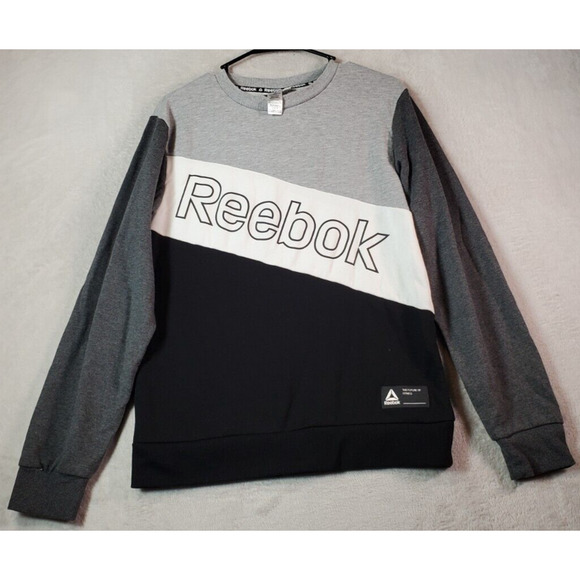 Reebok Sweatshirt Womens‎ 2XL Black Gray Cotton Long Sleeve Crew Neck Logo EUC - Picture 1 of 8